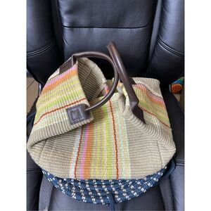 Woven Multicolor Stripe Tote Bag with Brown Handles
